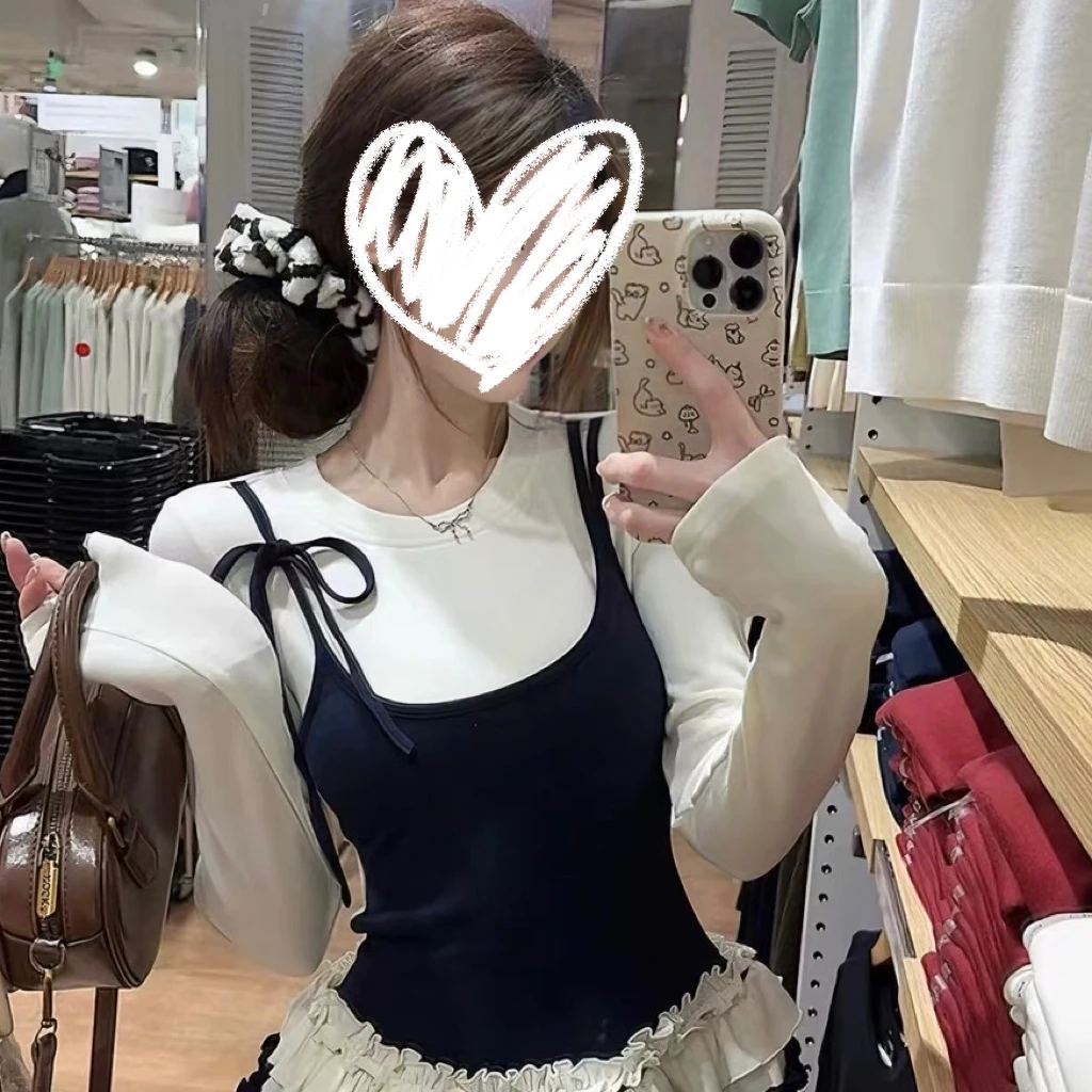 实物以直播间为准早春新款女装撞色假两件木打底衫修身木耳边上衣