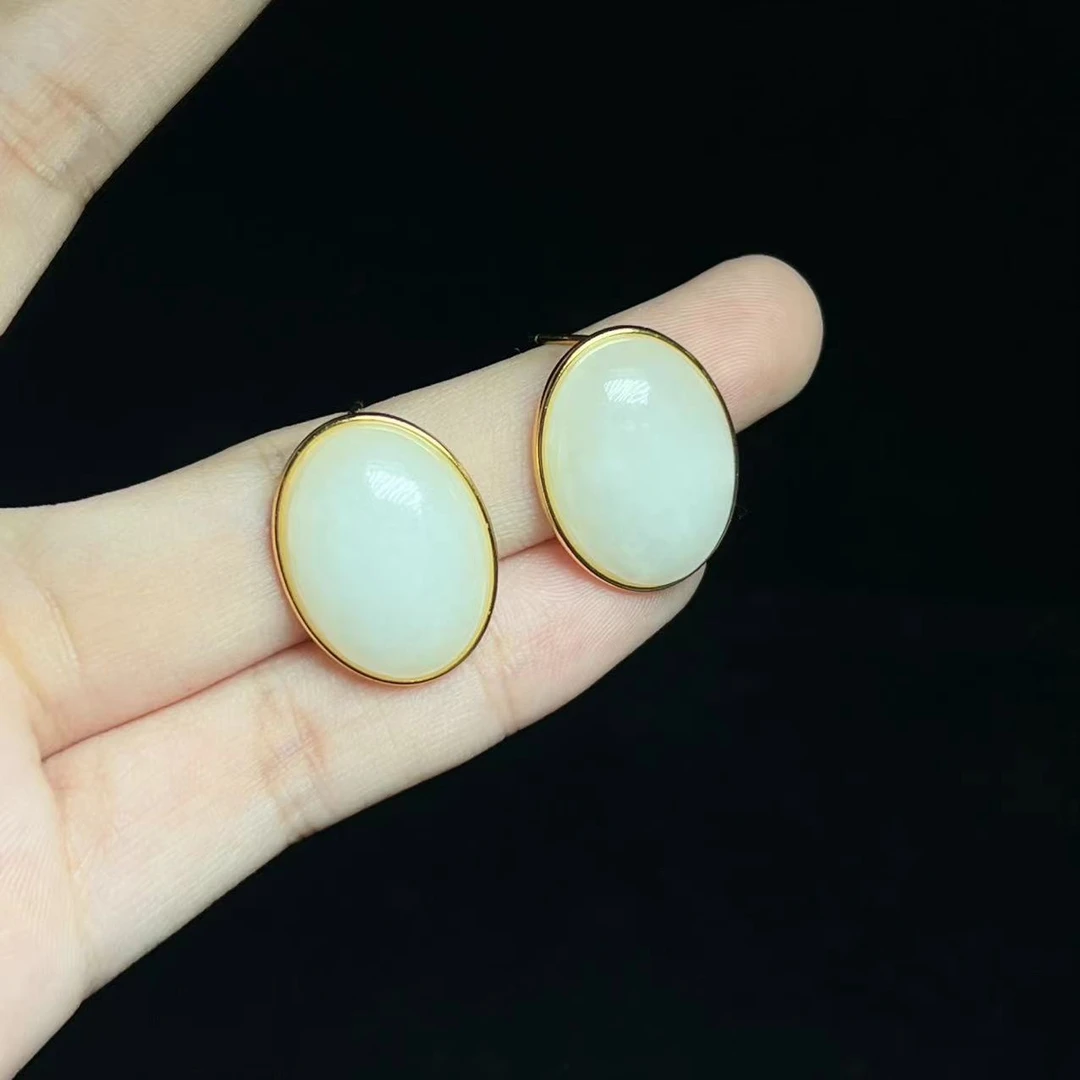 s925银和田玉耳钉-BJS001（尺寸21x16x6.5mm）