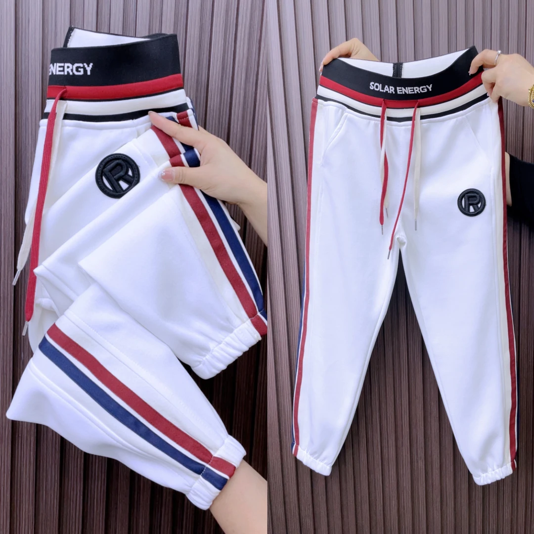 7762撞色拼接字母腰条杠运动休闲裤显瘦潮流女时尚高腰显瘦直筒裤