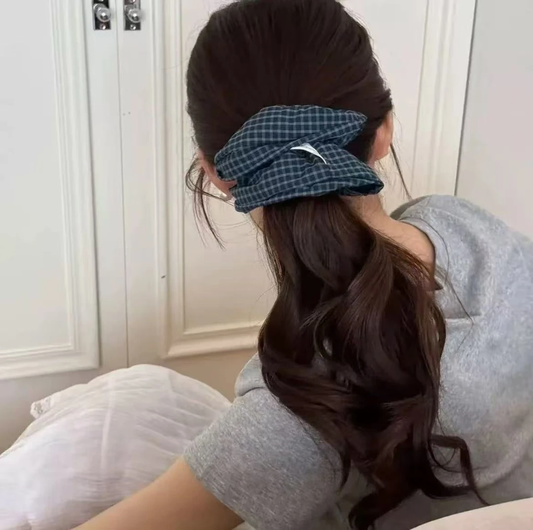 韩系复古蓝色格纹大肠发圈新款高级感头绳气质百搭皮筋丸子头头绳