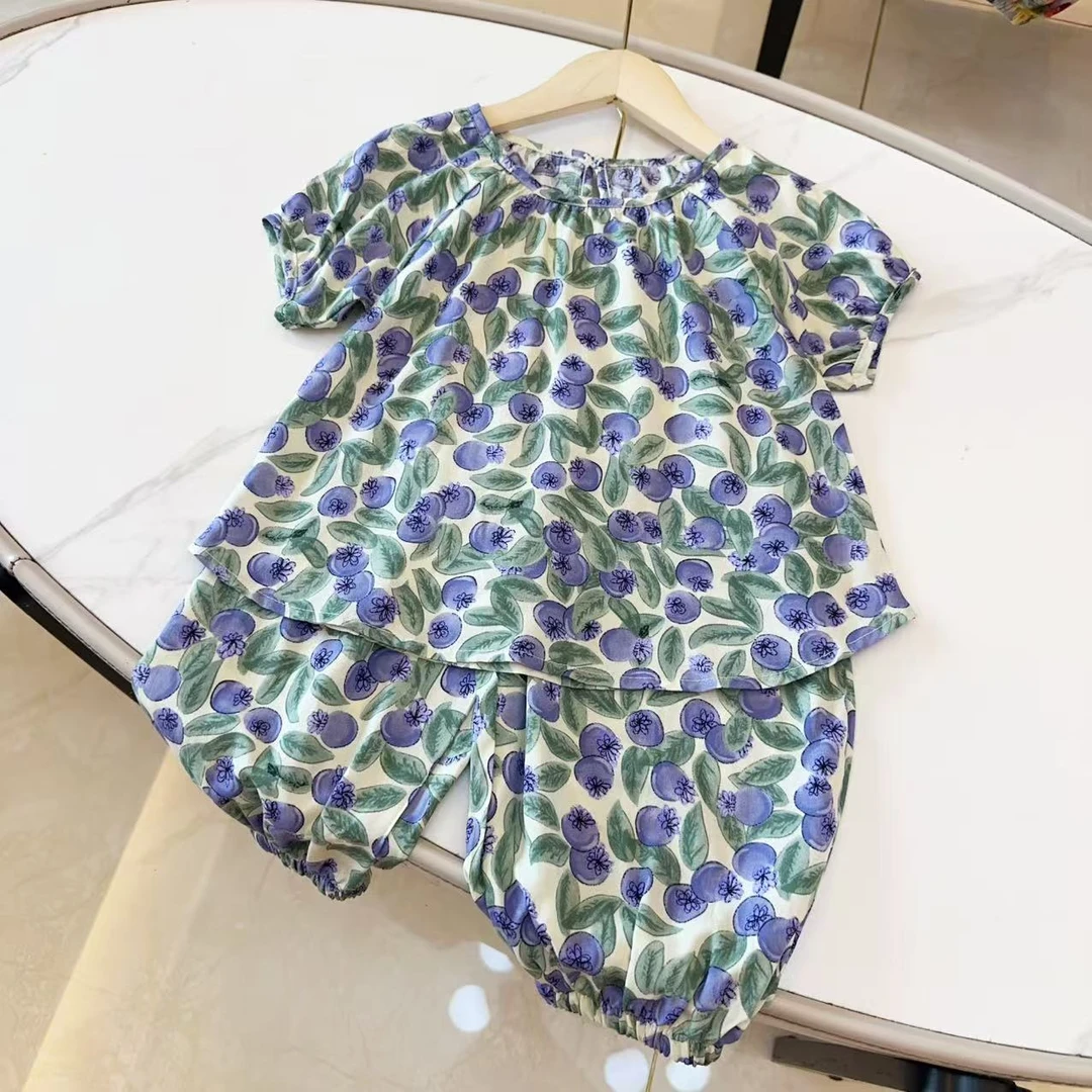 蓝莓  棉绸国风潮童半袖长裤灯笼裤兄妹家居服外穿套装