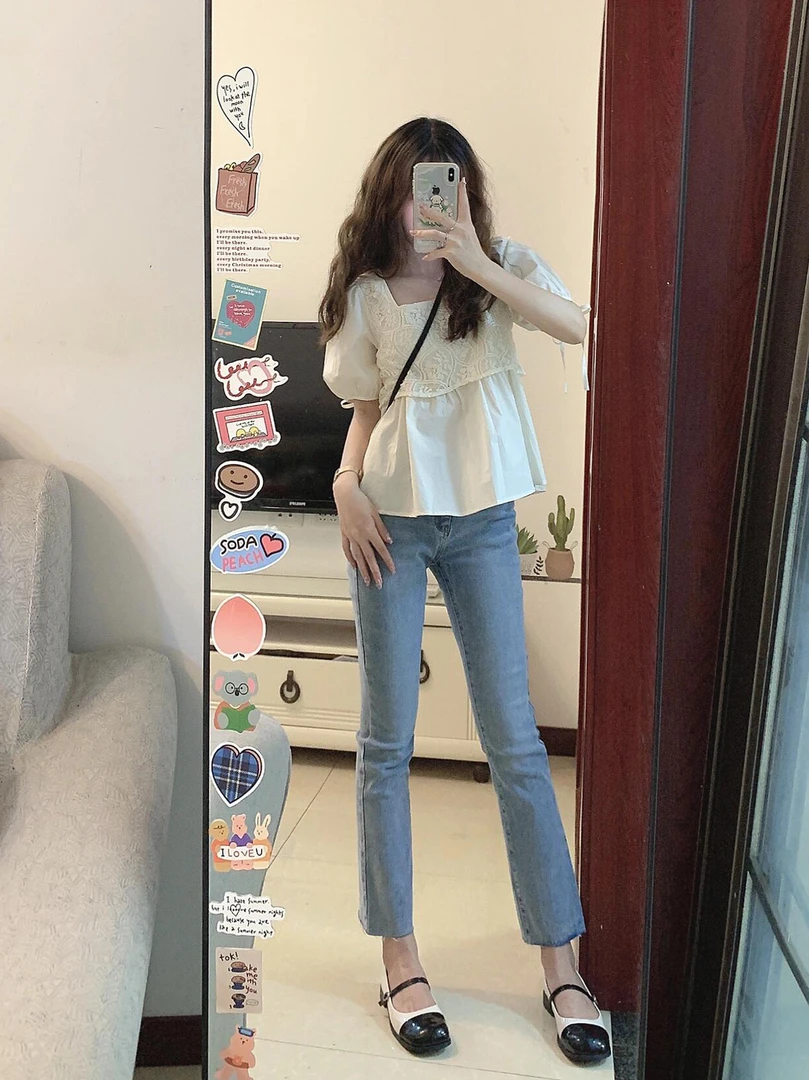 夏季法式方领泡泡袖蕾丝边镂空短袖上衣九分牛仔裤2025两件套装女
