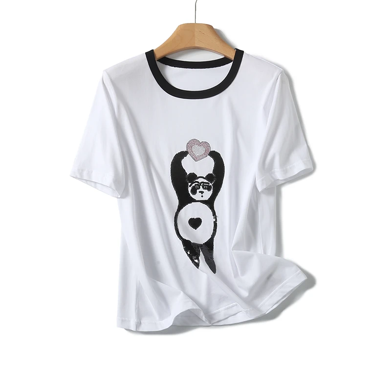 门店37&9！p牌原厂！珠片绣小熊/烫钻爱心撞色圆领短袖T恤女 L41954