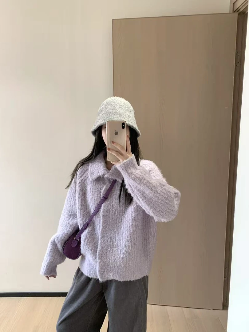 韩11秋冬氛围感韩系紫色百搭休闲宽松上衣毛衣女款