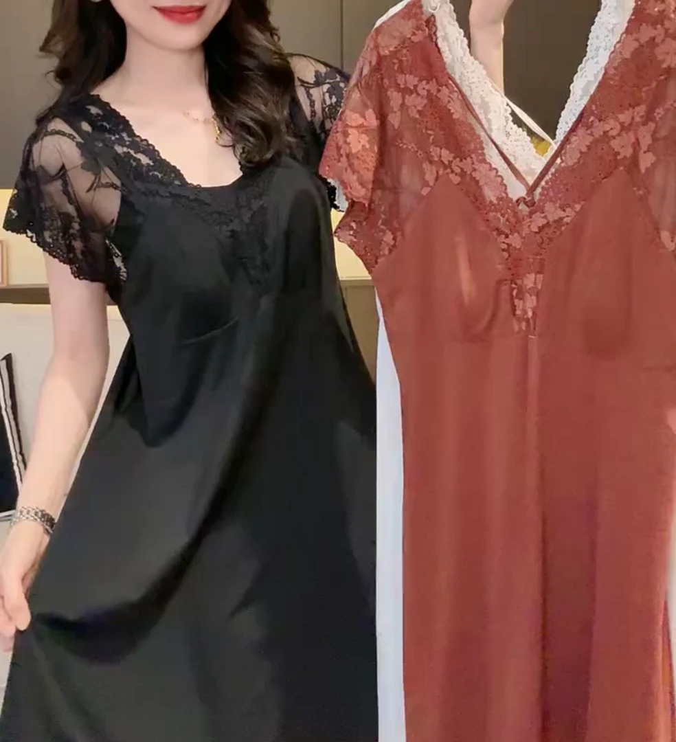 轻奢V领自带胸垫蕾丝袖中长款睡裙【实物微色差】