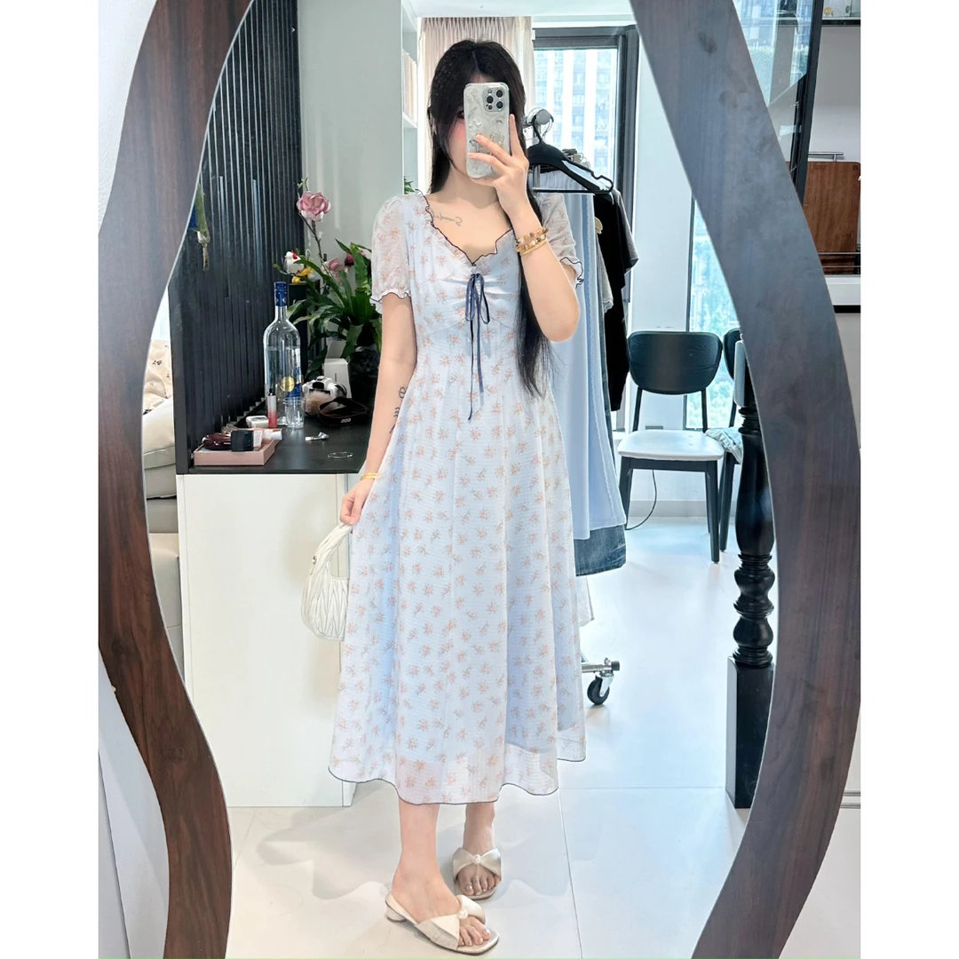 QC李潇洒【晴空花絮】微胖高级感掐腰法式茶歇夏日蓝色碎花连衣裙