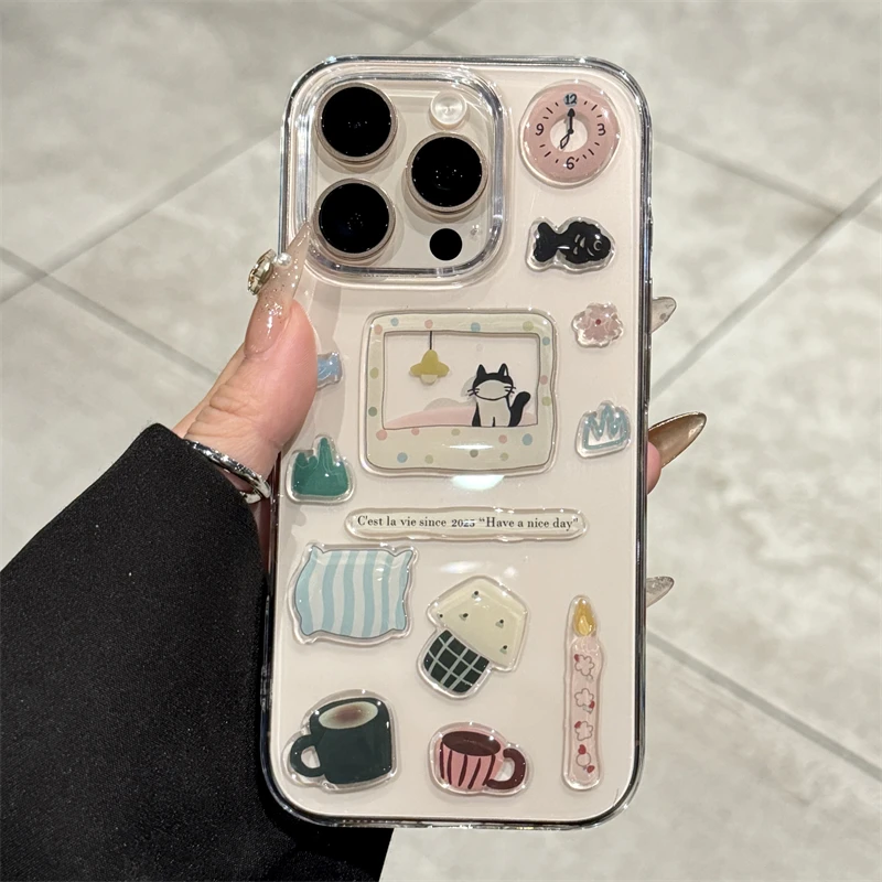 不发黄小猫下午茶滴胶贴纸适用iphone16手机壳华为vivo小米15oppo