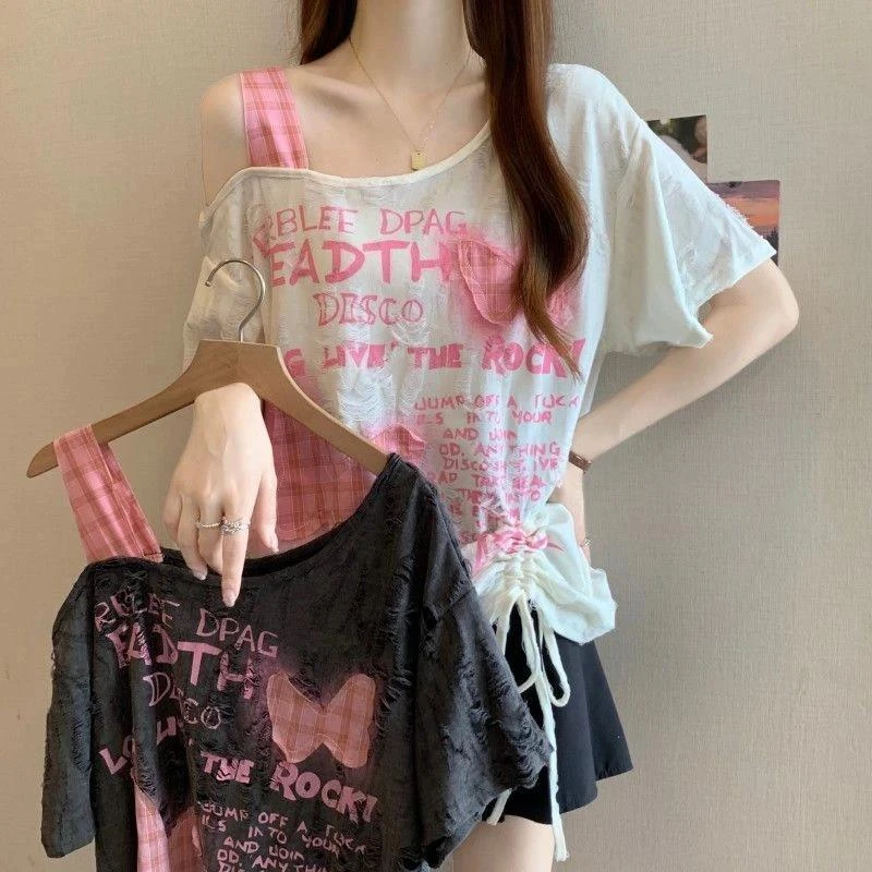 特大码300斤重工破洞蝴蝶贴布抽绳短袖t恤女夏季新款宽松显瘦上衣