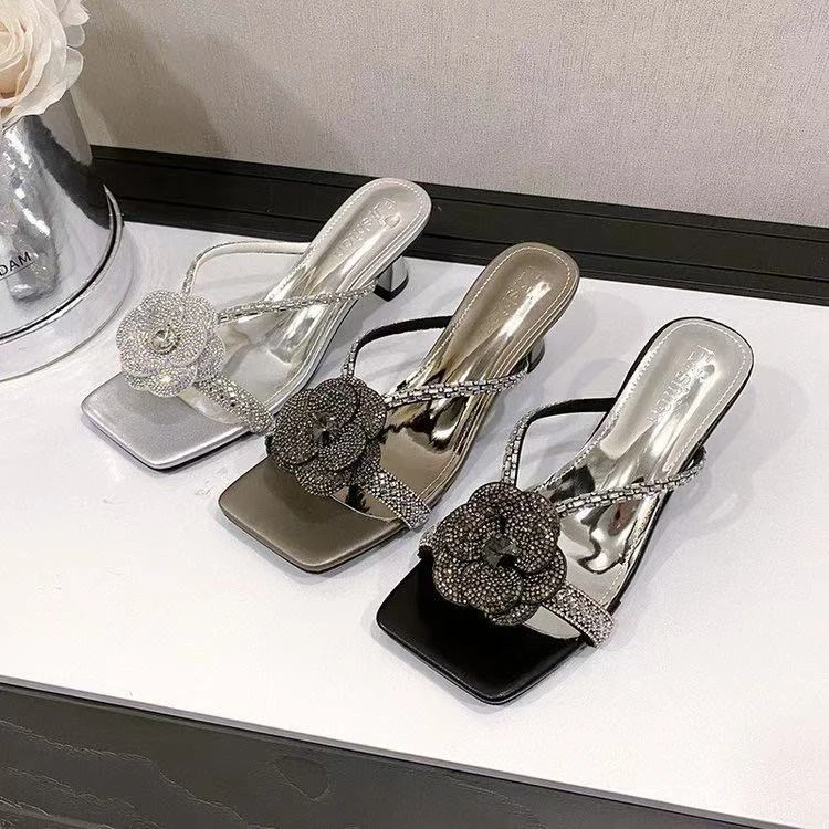 2025年夏季新款方头花朵水钻细跟凉鞋8575