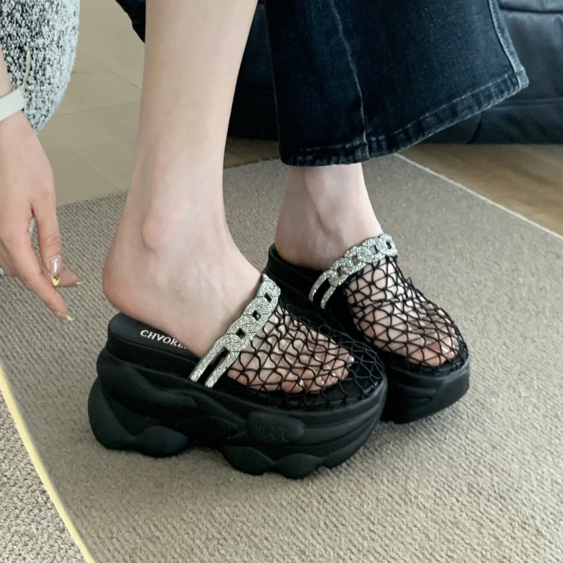 小个子水钻仙女风网红时尚百搭夏透气镂空厚底ins网面包头拖鞋女