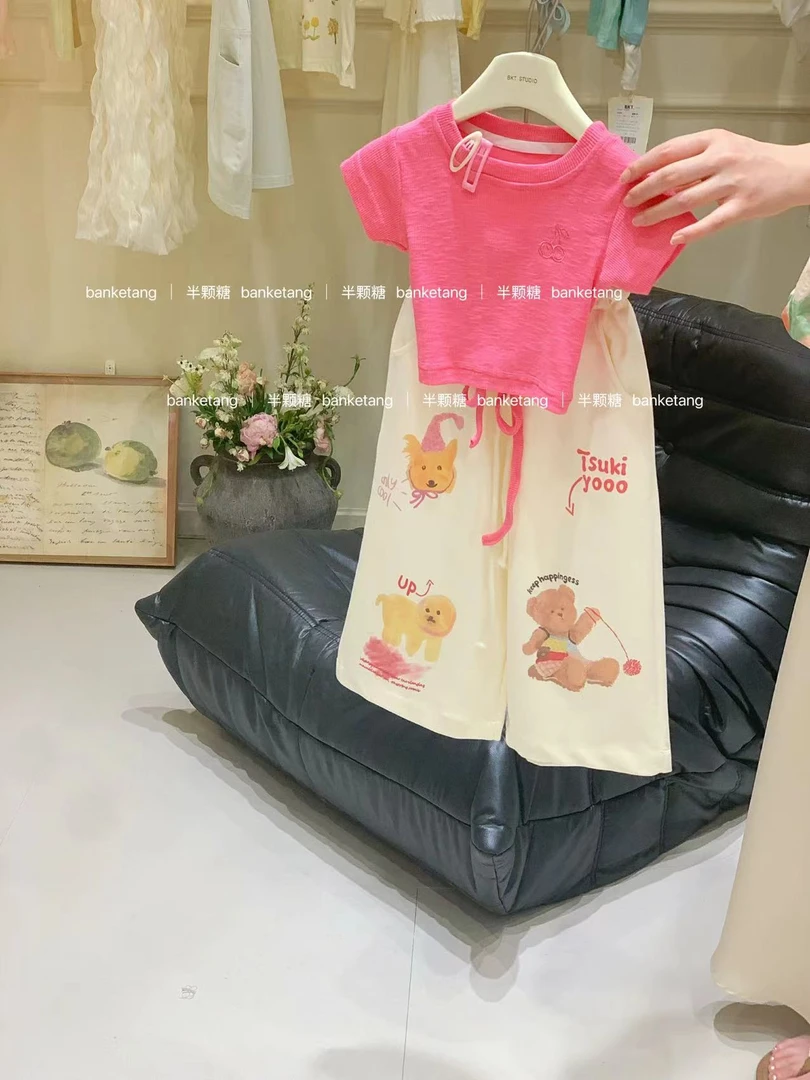 女童火龙果色露背上衣2025夏季新款韩版童装女童洋气两件套