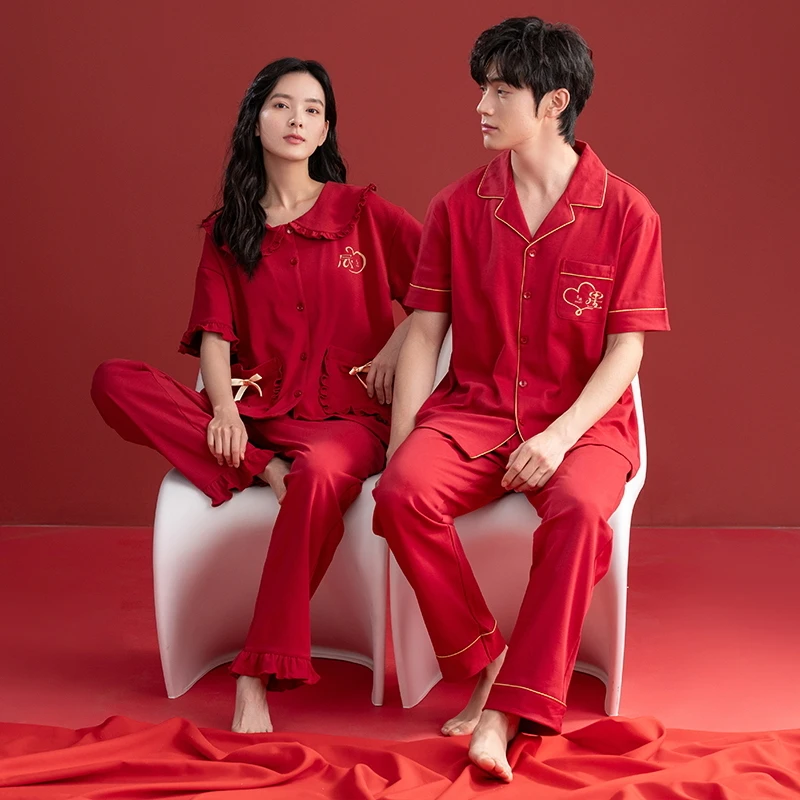 结婚睡衣新婚情侣春夏套装红色短袖长裤纯棉本命年男女喜庆家居服