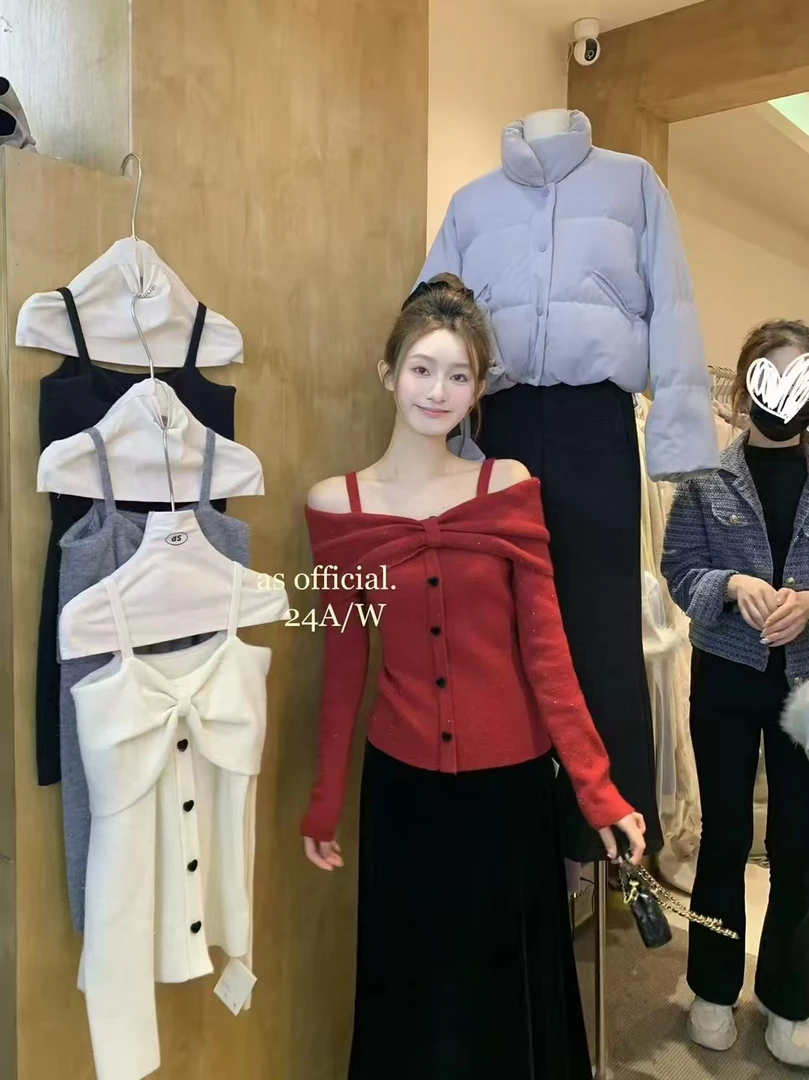 一字肩红毛衣年款吊带时尚洋气针织毛衣