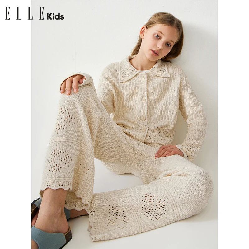 ELLE KIDS镂空肌理慵懒风针织套装女童装春季新款翻领开衫+裤子S1