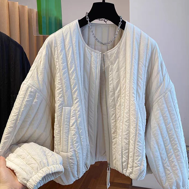 韩版ins圆领短款棉服外套女冬季2025新款条纹宽松棉衣保暖棉袄