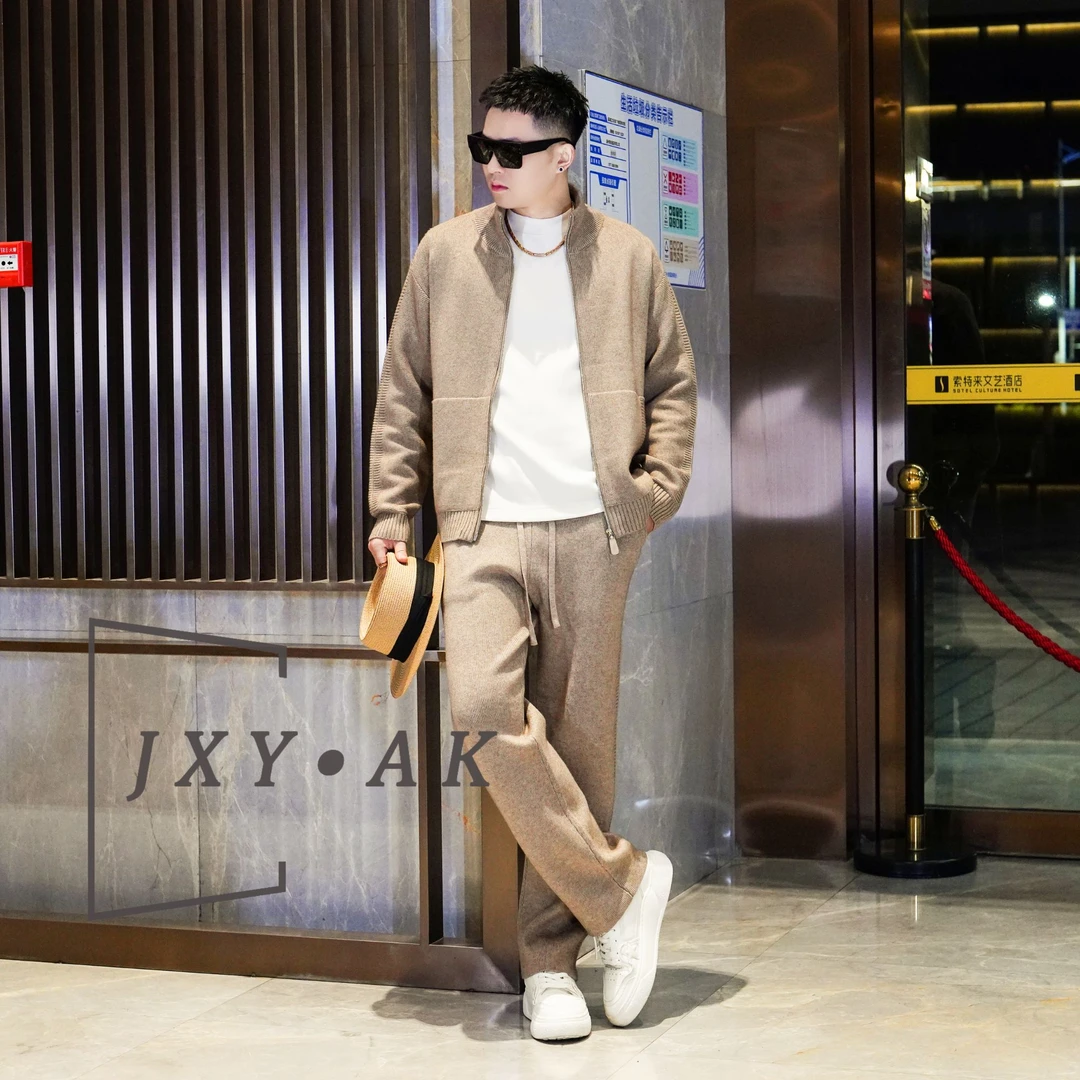 AK/2025秋冬新款绵羊毛混纺LP老钱风男士立领针织双拉链设计套装