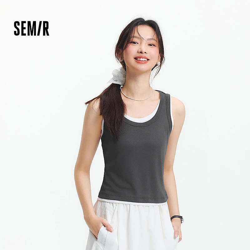 森马背心女短款大圆领小性感2025夏季新款撞色假两件紧身上衣百搭