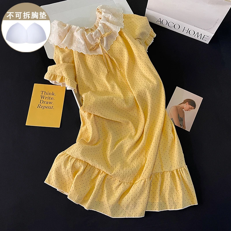 黄色波点睡裙女新款连衣裙短袖夏季中长款睡衣宽松舒适学生家居服