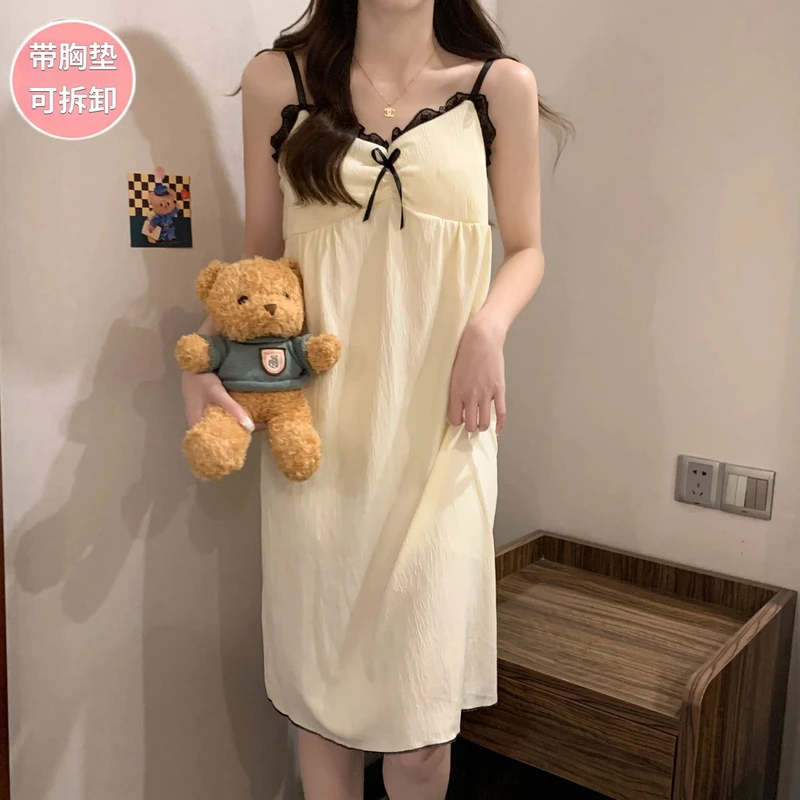 吊带睡裙女夏季梭织棉带胸垫女士学生花边杏色家居服睡衣裙子夏天