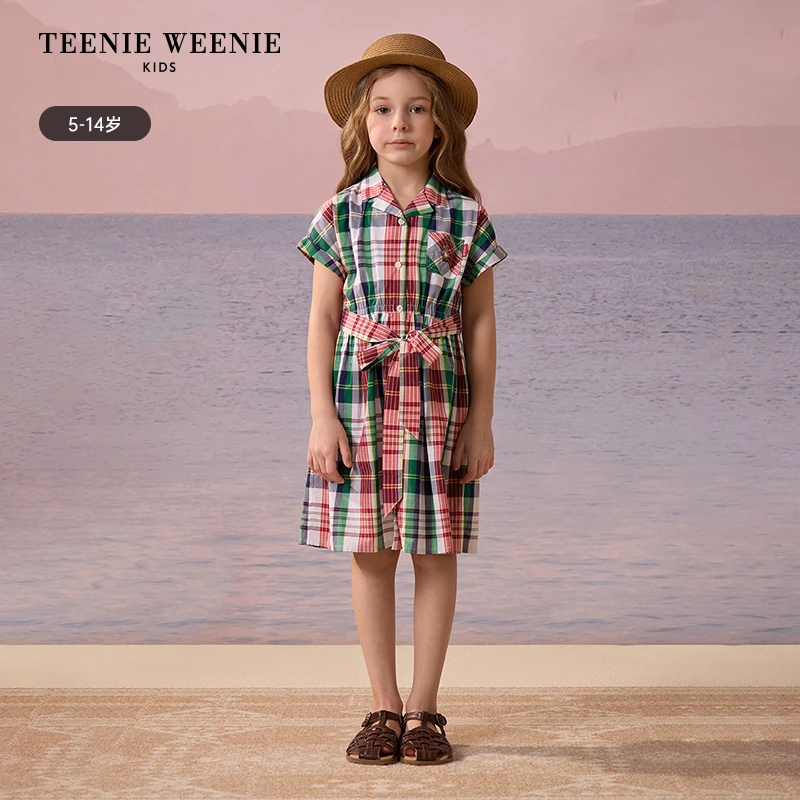 TeenieWeenie Kids小熊童装25年夏撞色格纹衬衫连衣裙TKOW252462D