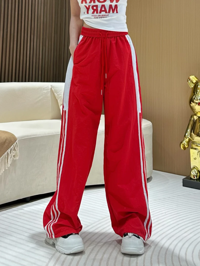 DA8827【条纹拼接休闲裤】美式复古薄款速干休闲裤时尚百搭韩版女