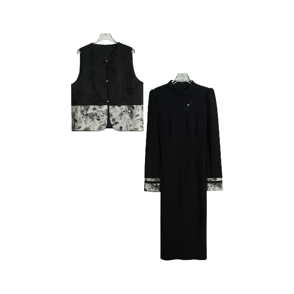 复古盘扣水墨马甲连衣裙显瘦套装X2681-1