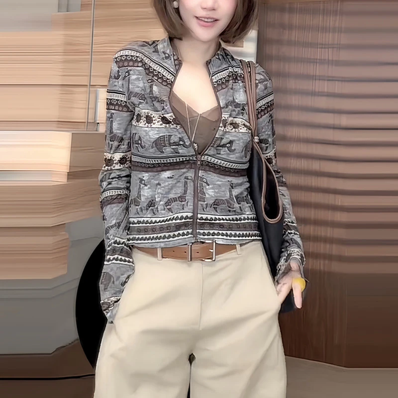 复古印花长袖衬衫女夏季新款薄款拉链洋气防晒衫气质休闲显瘦上衣