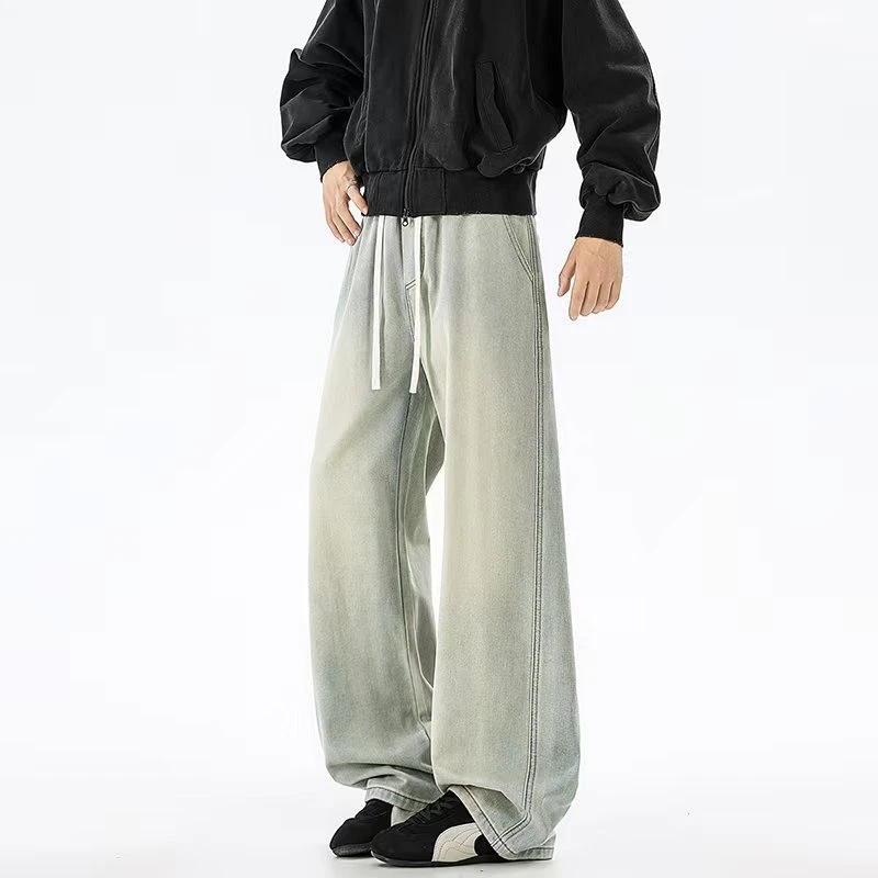 2025年早秋新款港风牛仔男士宽松直筒美式高街松紧裤子系带牛仔裤