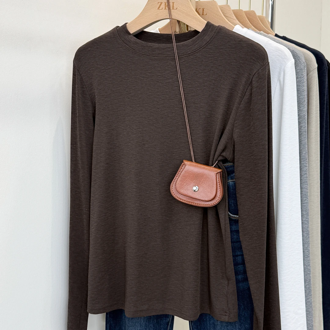 韩系圆领长袖t恤女兰精莫代尔软糯秋冬新款宽松显瘦简约内搭上衣