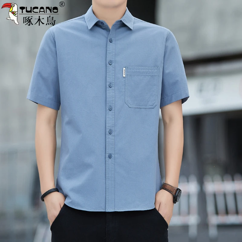 啄木鸟男士薄款【纯棉】短袖衬衫夏季休闲宽松透气纯色半袖衬衣男款