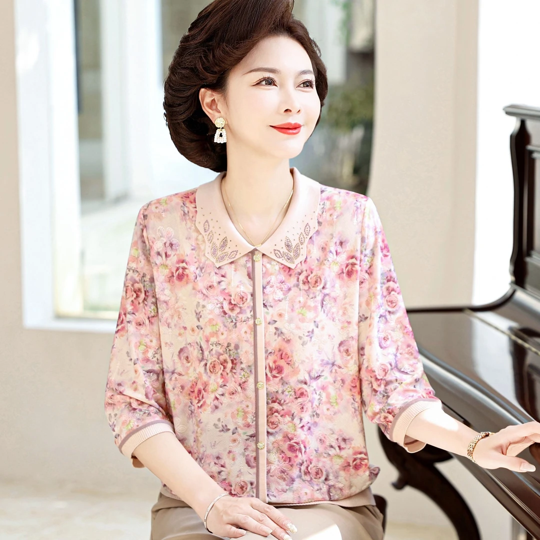 妈妈装春装T恤中袖洋气小衫中老年人女母亲衣服碎花气质上衣薄款