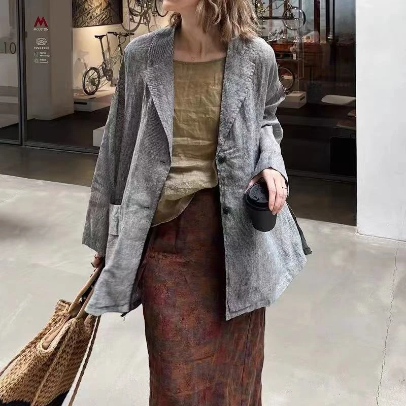2025春秋季新款日系简约格子西装领纯亚麻休闲宽松西服外套女