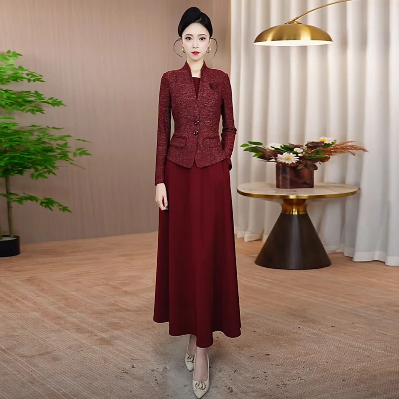 酒红色假两件连衣裙女2025秋冬新款修身显瘦裙子优雅气质高贵长裙
