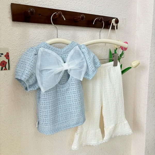 新女童2025年夏款后背镂空蝴蝶结上衣米白喇叭裤套装ZS-J-B07