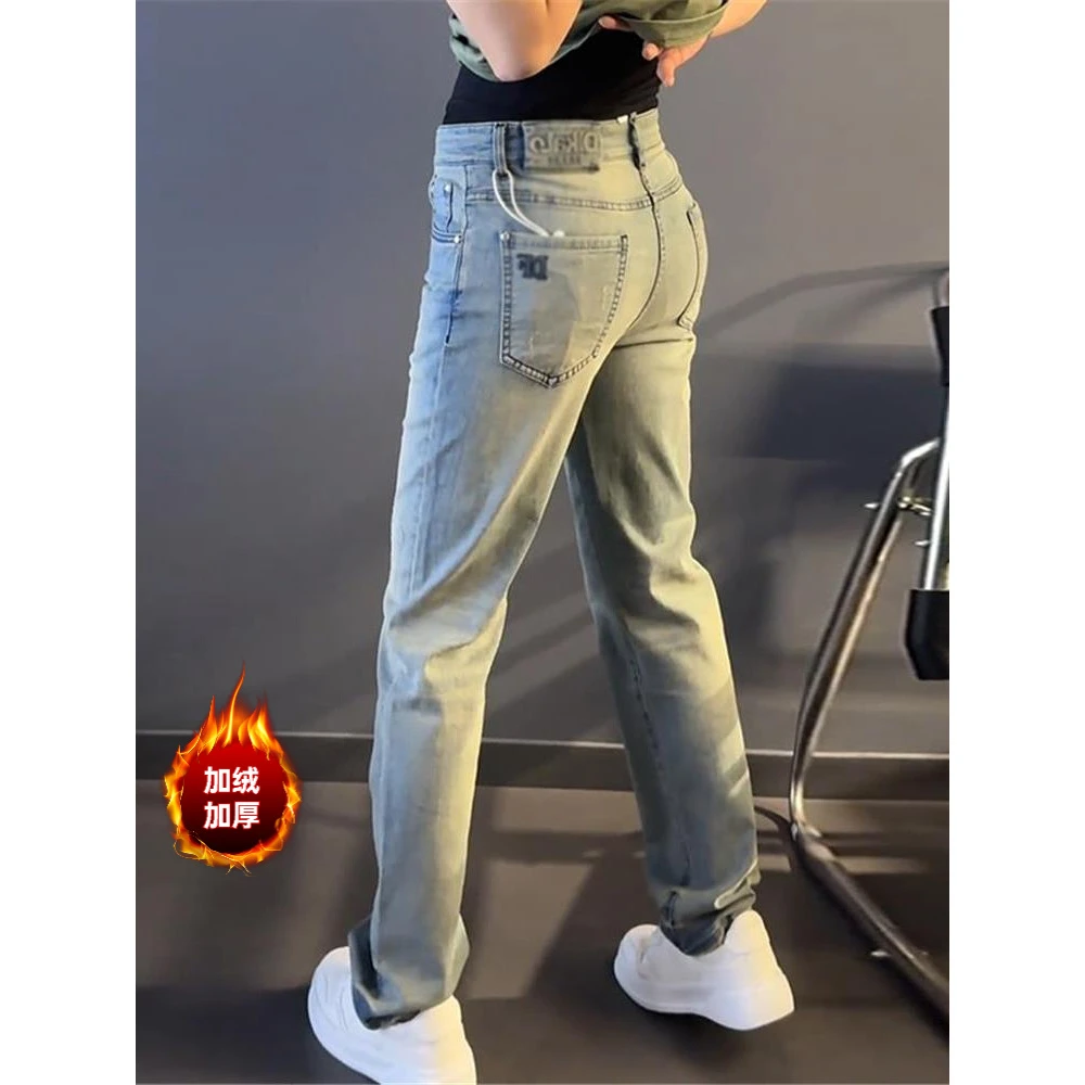 2025秋冬高端设计感加绒加厚直筒休闲裤男士轻奢简约牛仔裤子宽松