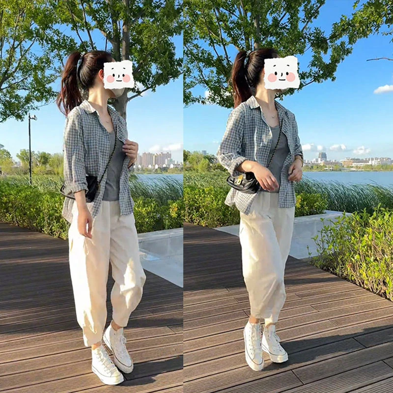 2025夏季新款设计感时尚百搭格子衬衫灰色背心白色休闲裤三件套装