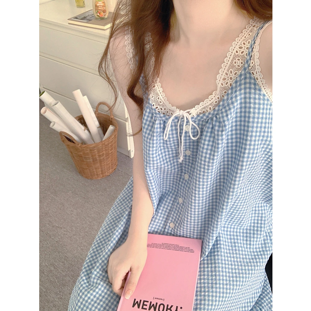 夏天小清新减龄蕾丝背心拼接格子短裤夏季吊带睡衣女士家居服套装