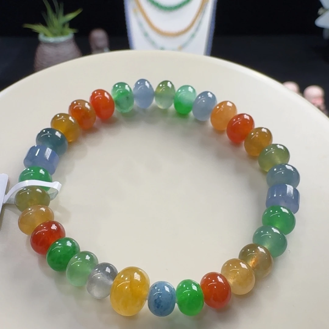 翡翠未镶嵌手链冰种浓艳彩虹鼓珠