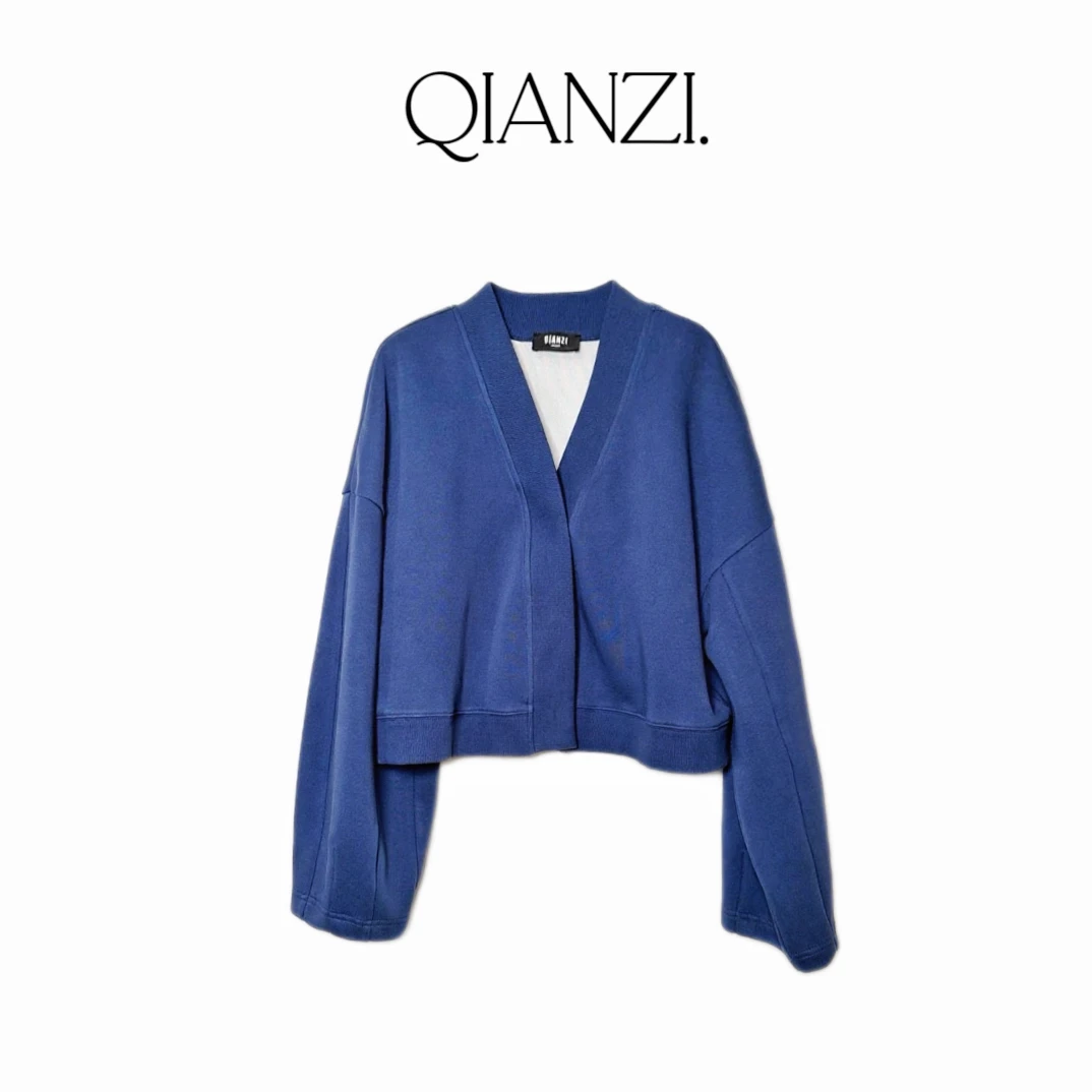 QIANZI克莱因蓝韩系设计感短款开衫拼接休闲套装508111