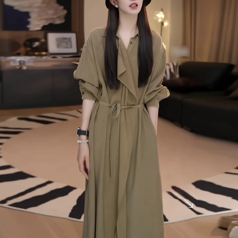 大码女装法式系带长袖POLO领胖mm连衣裙秋季新款气质显瘦A字裙