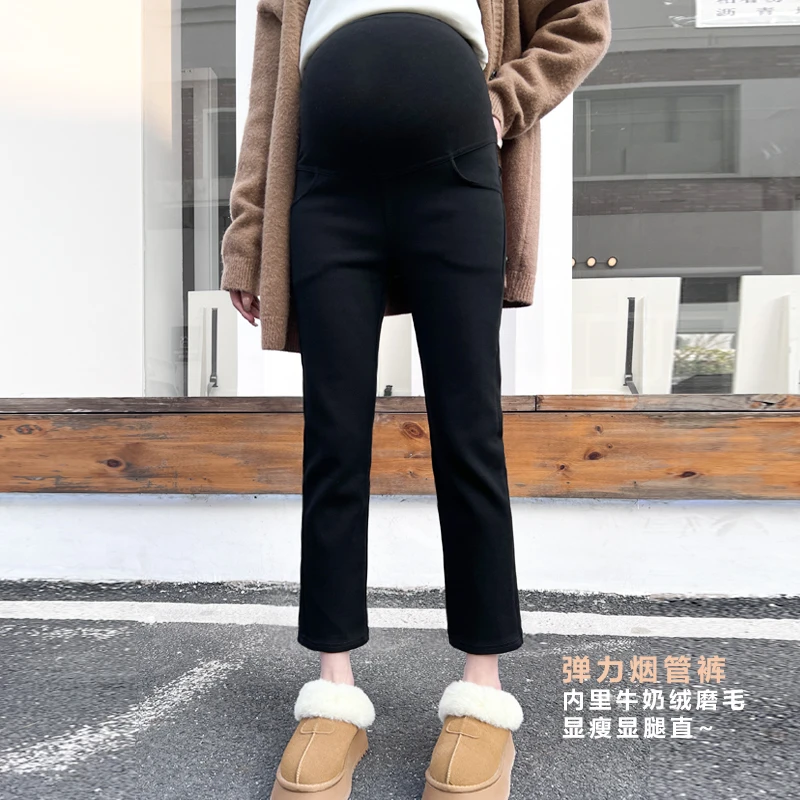 孕妇秋冬季显瘦弹力侧开叉直筒法棍烟管裤小黑裤