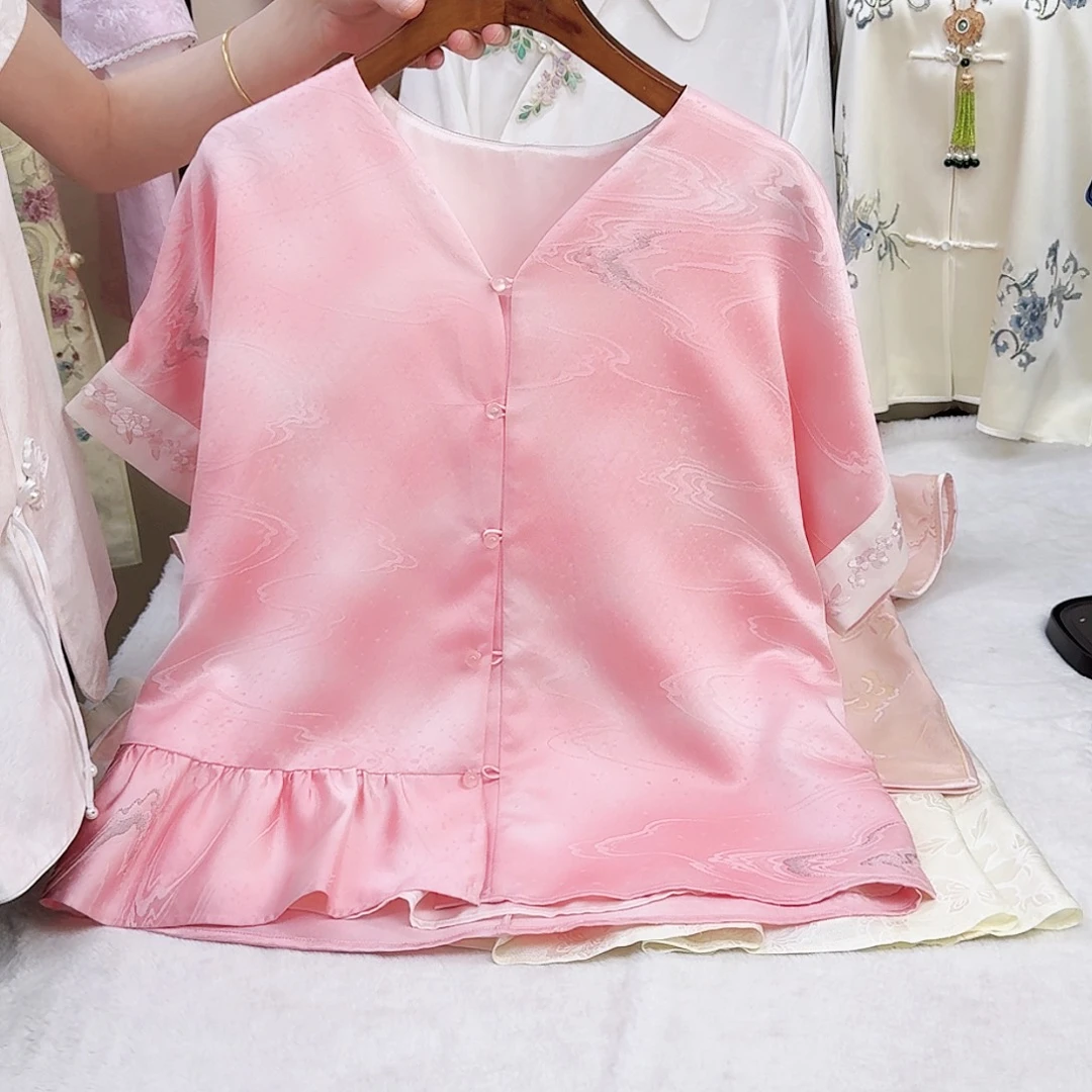 织绣粉色短袖桑蚕丝