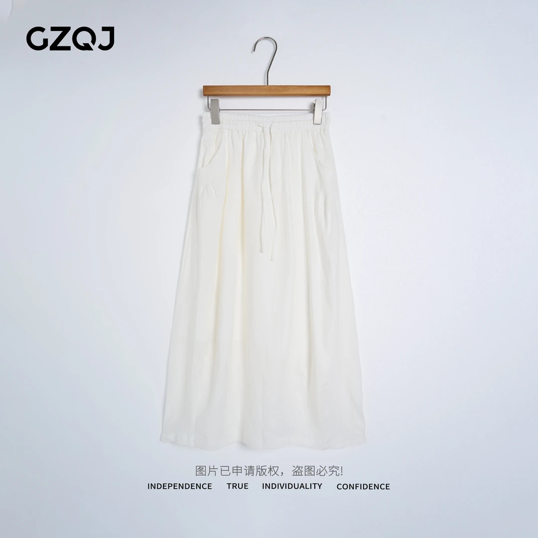 广州琴姐【首尔信步】100亚麻欧若风休闲抽绳A字伞裙半身裙女95223