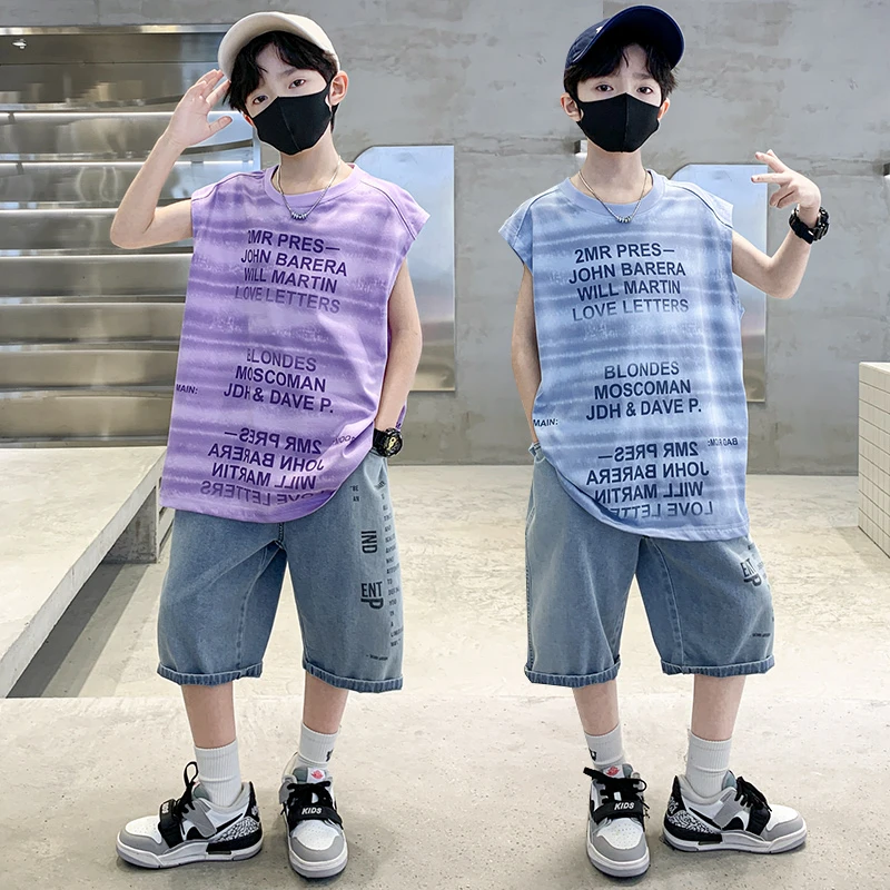 男童夏季韩版套装印花中大童套头帅气字母薄款牛仔运动夏季男