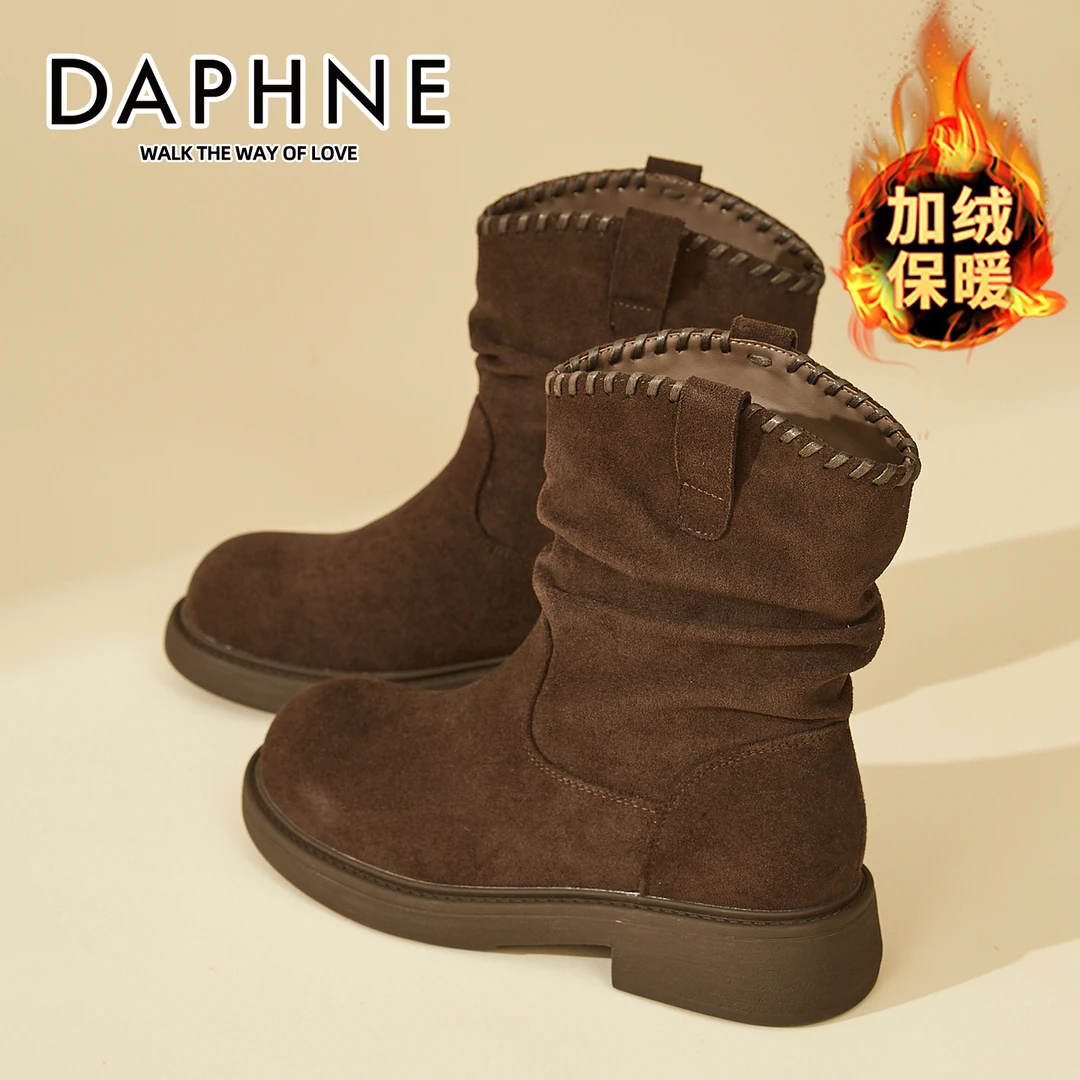 达芙妮琥珀流光咖色堆堆靴女2025冬季新款复古西部牛仔靴加绒短靴