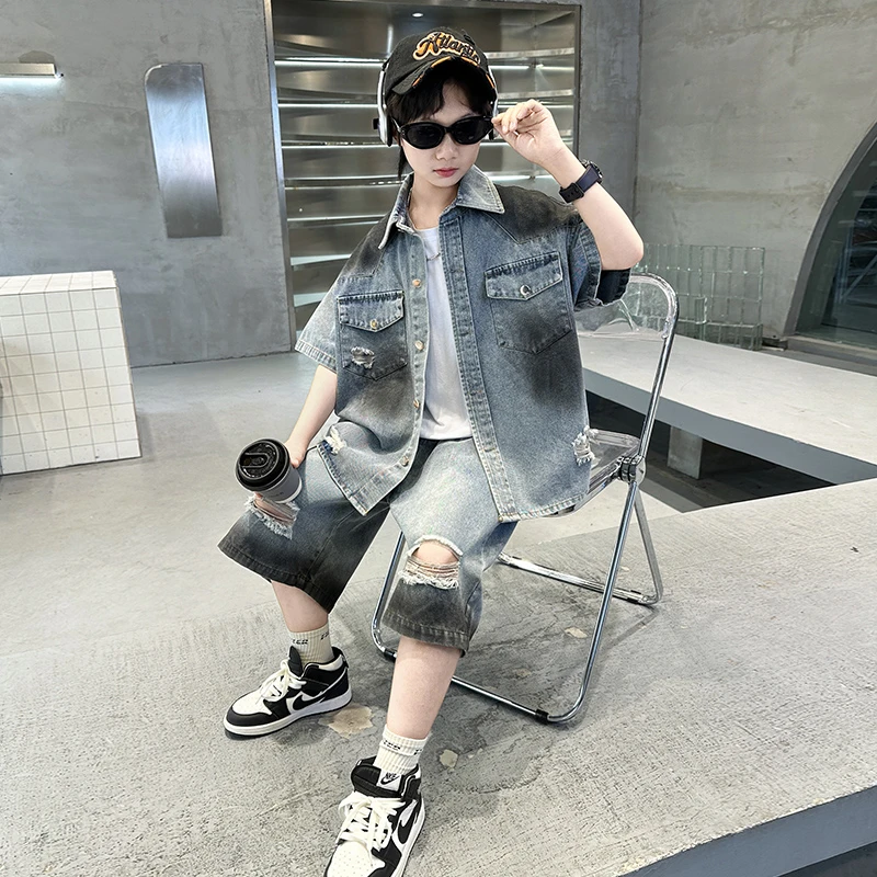 男童夏装短袖套装2025新款儿童装夏季帅气大童牛仔夏款男孩三件套