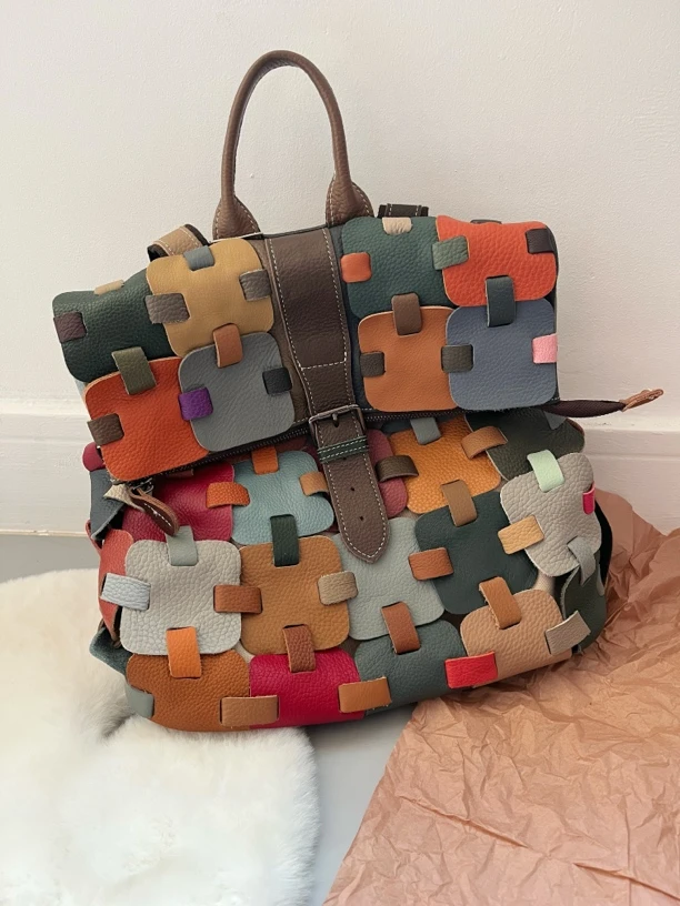 颜色随机头层牛皮重工手工包拼接彩色小众独特手提大容量双肩包