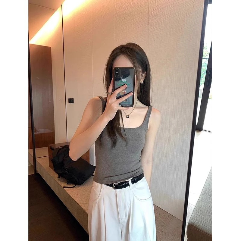 甜美性感风百搭时尚风背心吊带辣妹夏季显瘦纯色打底带胸垫上衣女