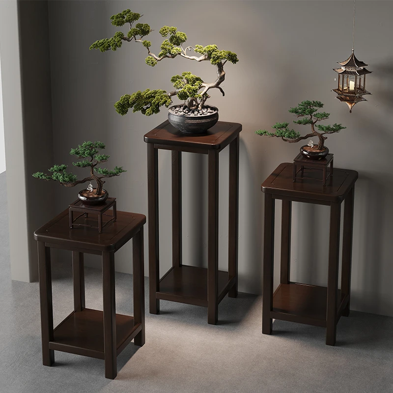 实木花架子客厅阳台落地式楠竹花几置物架新中式胡桃色摆件展示架