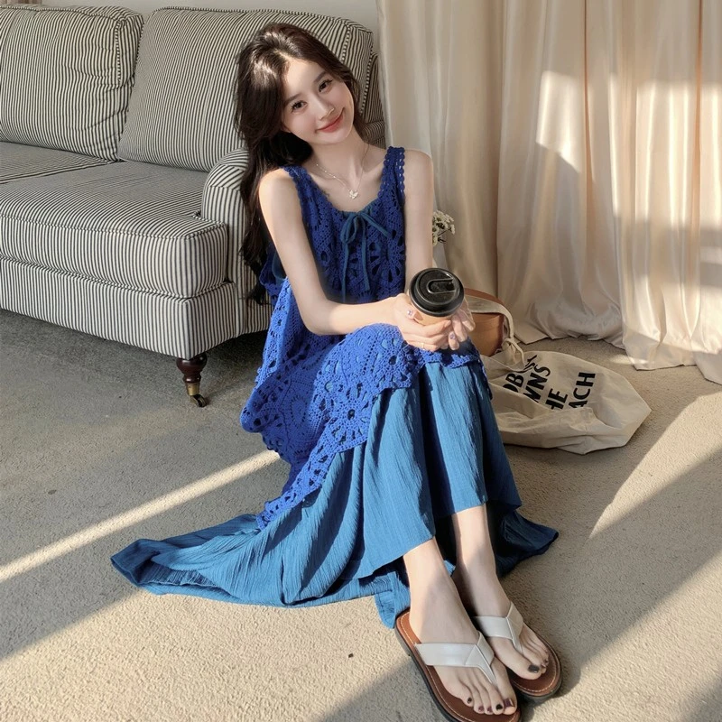 蓝色温柔穿搭镂空雷子罩衫度假吊带长裙新款甜美两件套连衣裙女夏